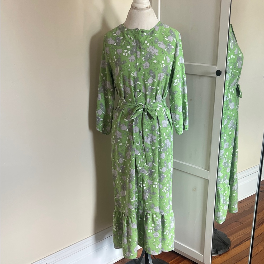 LOFT Outlet Apple Green Floral Button-Front Long Sleeve Midi Dress - Small